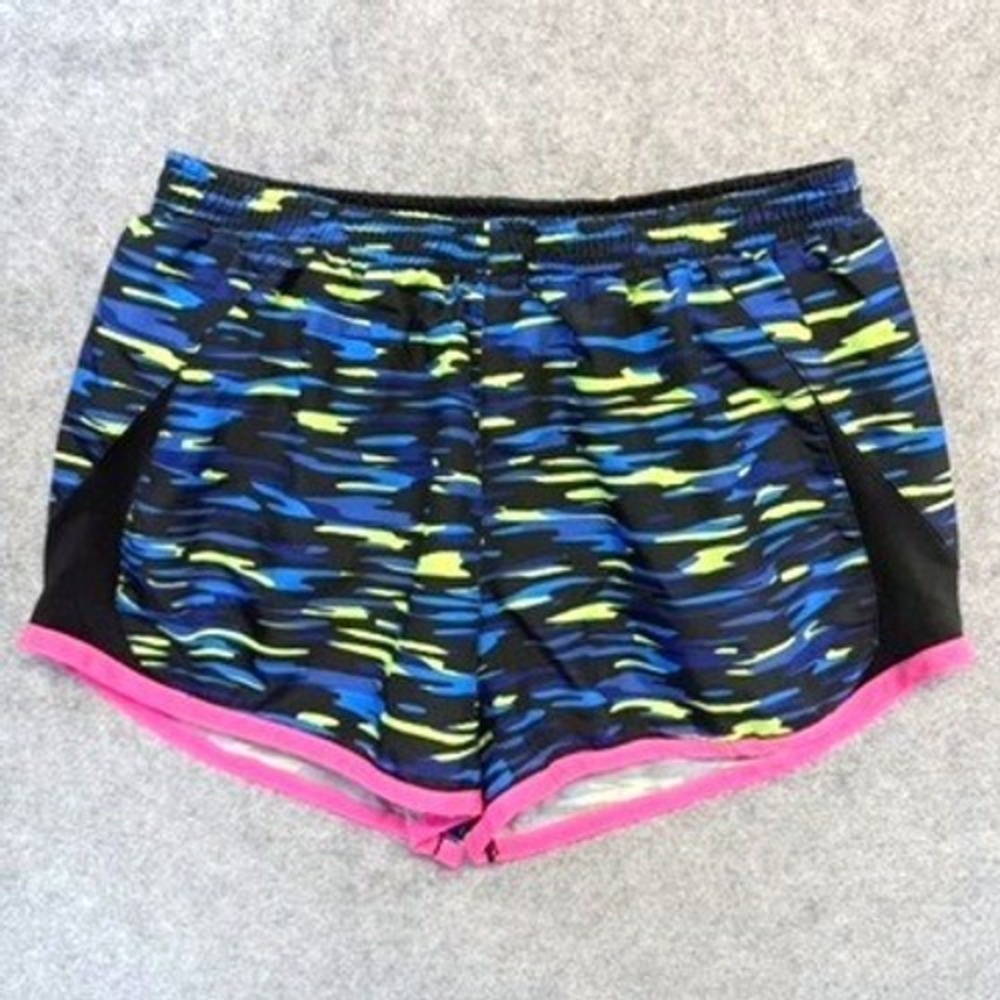 Nike Womens Tempo Dri-FIT Running Shorts Blue Yellow Camo Pink Trim Small